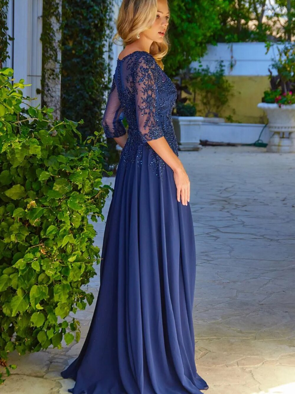New Mother Of Bride Sheath Long Chiffon Mesh Gown w/ Beads Embroidery GL3573 - Picture 3 of 3
